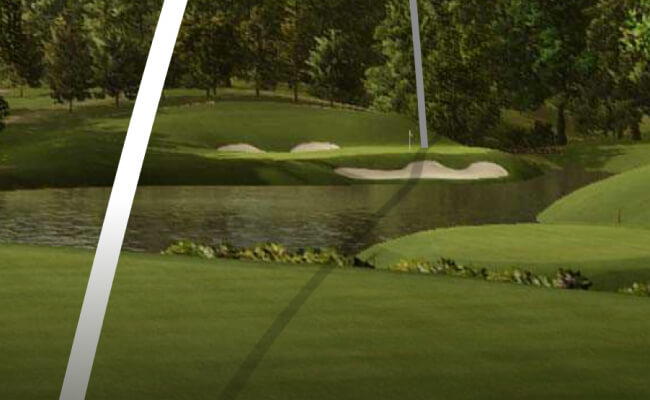 Official TrackMan virtual golf graphic showing a simulated course hole and ball flight