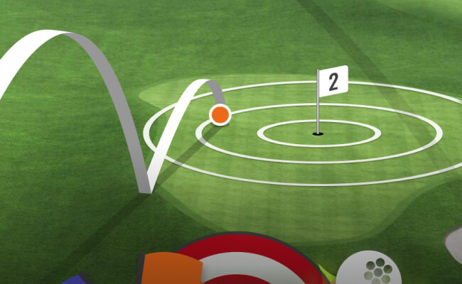 Official TrackMan Range target-game graphic with a traced ball flight